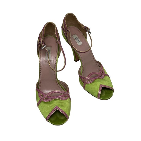 Prada Green Satin Pink Python Leather Accent Ankle Strap High Heels 6 - Picture 1 of 7